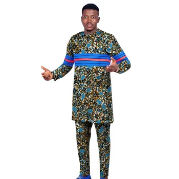 Çoklu Paralel Çizgili Patchwork Üstleri Pantolon erkek Seti Erkek Nijeryalı Kıyafetler Afrika Düğün Parti Giysileri