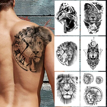 Pusula Aslan Geçici Dövme Erkekler Kadınlar İçin Yetişkin Geometri Kurt Ay Dövmeler Sticker Şeytan Hayvan Çiçek Sahte Siyah Dövmeler Geri