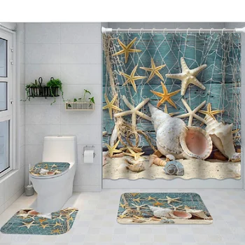 Kabuklu Denizyıldızı Kabuk Duş perde seti Kaymaz Halılar ile Tuvalet Kapağı Banyo Paspas Tropikal Okyanus Plaj Su Geçirmez Banyo Perdeleri