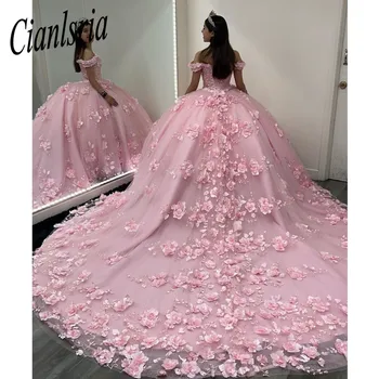 2022 Romantik Allık 3d Çiçekler Balo Quinceanera balo kıyafetleri Kapalı Omuz Boncuklu Dantel Uzun Tatlı 16 Elbise Vestidos