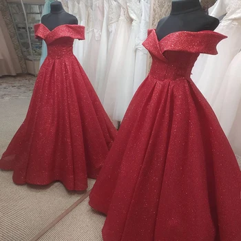 Kırmızı Siyah Kapalı Omuz balo kıyafetleri Bir Çizgi Kat Uzunluk Lace Up Geri Glitter Sparkly Kadınlar Abiye 2021
