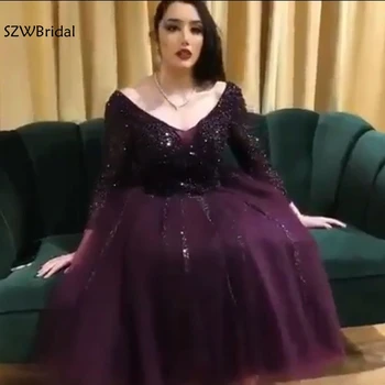 Yeni Varış Dubai Arapça Mor Uzun kollu abiye 2023 Kaftan Resmi elbise Parti gece elbisesi abiye vestidos elegantes