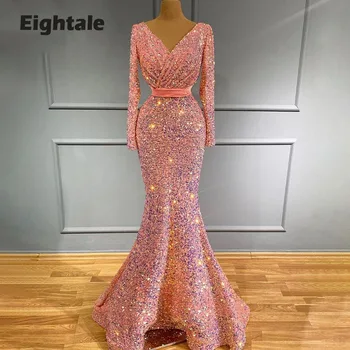 Eightale Lüks Mermaid Abiye Kadınlar için Sparkly Pullu Kadife Uzun Kollu Düğün Balo Parti Kıyafeti vestido longo gül
