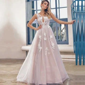 Kolsuz düğün elbisesi 2021 Yeni Tül Dantel Aplikler İle gelin kıyafeti Balo Yaz O Boyun düğün elbisesi es Kat Uzunluk