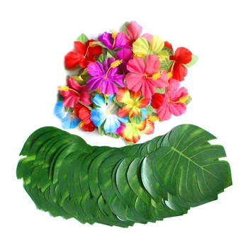 CNIM Sıcak 60 Adet 8 inç Tropikal Parti Dekorasyon Malzemeleri Tropikal Palmiye Monstera Yaprakları ve Ebegümeci Çiçekleri, simülasyon Yaprak