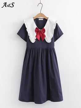 Yaz Harajuku Denizci Yaka Donanma Lolita Elbise Japon Tatlı Yay Peter Pan Yaka Kawaii Tiki Yüksek Bel A-line Elbiseler