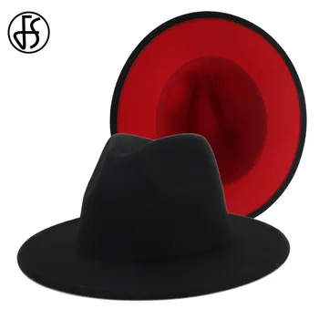 FS 60 CM Şapka Siyah Kırmızı Patchwork Yün Keçe Kadın Fedora Caz Şapka Erkek Unisex Geniş Brim Panama Şapka Parti Fötr Kış kovboy şapkası