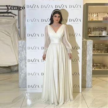 Verngo Basit Bir Çizgi Ipek Şifon Gelinlik Uzun Kollu V Boyun Kat Uzunluk gelinlikler Artı Boyutu Kadın Resmi Elbise