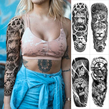 Büyük Kol Kol Dövme Aslan Heykeli Su Geçirmez Geçici Dövme Etiket Melek Kanatları Vücut Sanatı Tam Sahte Dövme Kadın Erkek