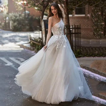 Romantik Prenses düğün elbisesi Gelin için 2022 Bir Omuz Plise Dökümlü Yumuşak Tül 3D Çiçekler Bir Çizgi gelinlik Kadınlar için Elbise