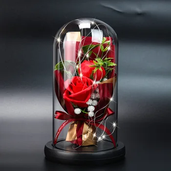 Yeni Bir Kırmızı demet yapay çiçekler bir Kubbe ile LED ışıkları Güzellik Ve Beast Gül Noel anneler Günü Düğün Dekor