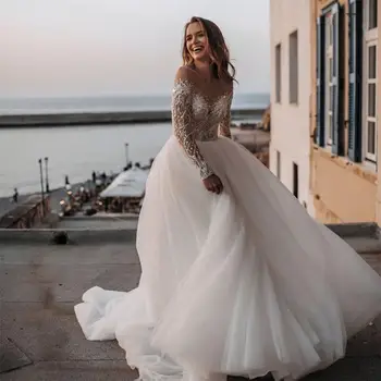 Bohem Tarzı Gelinlik Gelin Tül Plaj Robe de Mariage Uzun Kollu Dantel Boncuklu Backless vestido de novia