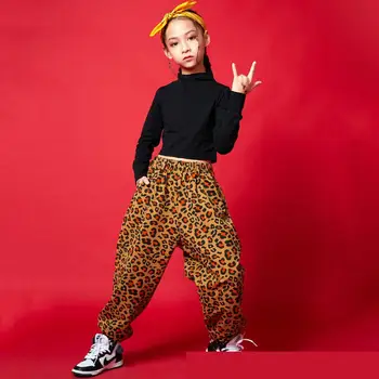 Hip Hop Giyim Çocuk Kız Siyah Kazak Kırpma Üst Uzun Kollu Leopar Baskı Streetwear Pantolon sokak dans kostümü Elbise