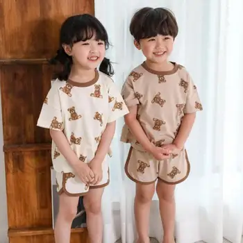 2022 Yaz Yeni Yürümeye Başlayan Bebek Kız Sevimli Ayı Baskı Giyim Seti Çocuk Çocuk Erkek Ayı Desen Kısa Kollu Üstleri + şort takımı 12M-5Y