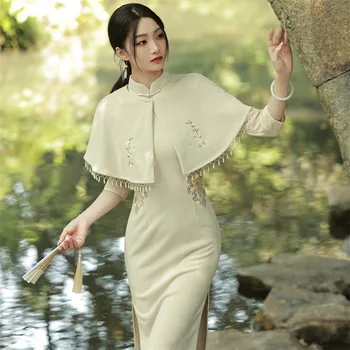Kış Zarif Mandarin Yaka Embrodiery Pamuk Yün Yedi Puan Kol Qipao Çin Kadın Elbise Şal İle Cheongsam 