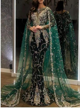 Lüks Kristaller Boncuklu Abiye Pelerin Uzun Kollu Mermaid Koyu Yeşil Kadife Örgün Parti Kıyafeti Arapça Dubai Balo Giyim