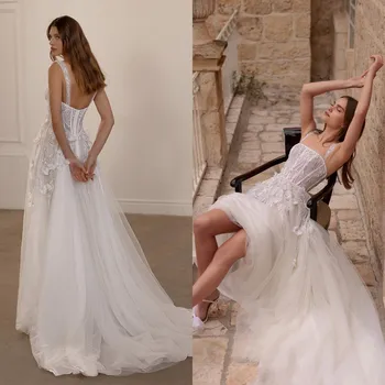 Bohemian Çiçek 2022 düğün elbisesi Seksi Spagetti Kayışı Dantel Aplike Boncuklu Plaj Boho gelinlikler Bir Çizgi vestido de novia