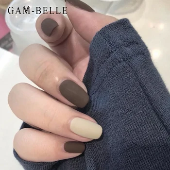 GAM-BELLE 24 Adet Yanlış Nails Mat Kahverengi Düz Renk Tam Kapak Yapay Basın Nail İpuçları Manikür Güzellik Aracı Sahte Ongles