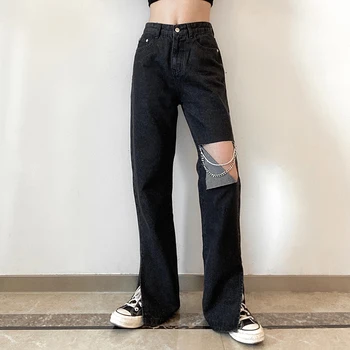 Diz Delik Zincir Kot Y2K Siyah dökümlü pantolon Yüksek Bel Yan Bölünmüş Kot Pantolon Streetwear Düz Pantolon Yeni Kot Parti