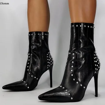 Olomm Yeni El Yapımı Kadın yarım çizmeler Çivili Stiletto Topuklu Sivri Burun Süper Seksi Siyah gece elbisesi Ayakkabı Kadın Artı ABD Boyutu 5-15