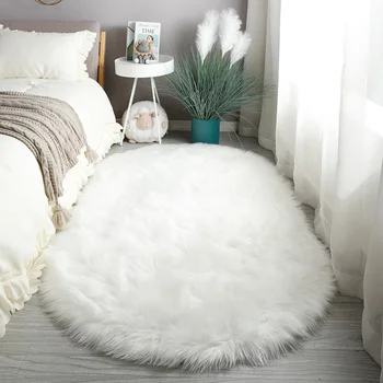 Beyaz Faux Kürk Alan Kilim Büyük Oval Yapay Koyun Derisi Uzun Saç Halı Zemin Yün Kabarık Yumuşak Mat Yatak Odası Oturma Odası İçin
