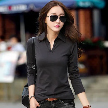 2022 Yeni Stil Lider Taban Gömlek siyah yakalı tişört Polo Yaka Üst Uzun Kollu Kadın
