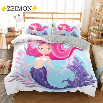 3D Karikatür Mermaid Yatak Takımları Çocuklar için/Bebek / Çocuk / Erkek / Kız Hayvanlar polyester Nevresim yatak örtüsü seti Kraliçe / Kral yorgan kılıfı seti