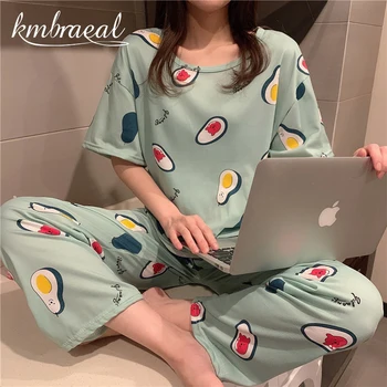 Yaz Pijama Seti Kadın Kızlar Kısa Kollu Pantolon Avokado Baskı Gevşek Rahat Pijama T-Shirt ve Şort Pjs Gecelik Yeni