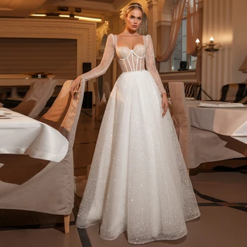 Prenses Lüks Parlaklık düğün elbisesi Uzun Kollu Kat Uzunluk gelin kıyafeti Glitter Sevgiliye Boyun Zip Geri Vintage Kadın Noche