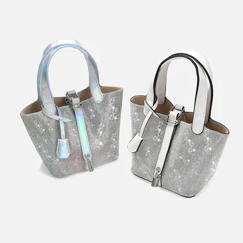 Küçük Bling Kristal elmas lüks tasarımcı kadın deri kova çanta çanta