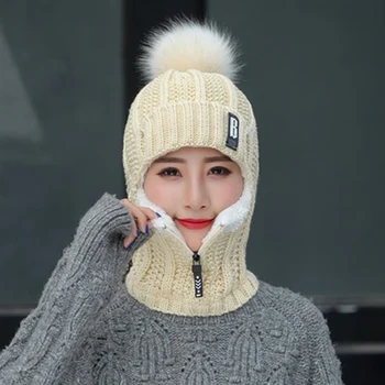Kış kadın Örme Kapaklar Peluş Kazak Kulaklık Önlüğü Kap Sıcaklık Kaput Hivers Femme Kürk Sıcak Şapka Strickmütze Ponpon