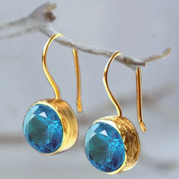 Deniz Mavi Zirkon Kulak Kancası Küpe Kadınlar için Vintage Yuvarlak Mücevher Kolye Küpe yıldönümü hediyesi Takı Pendientes Femeninos