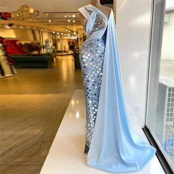 Zarif Gökyüzü Mavi Abiye Bir Omuz Sequins Ruffles Balo Abiye Custom Made Wrap Kat Uzunluk Parti Elbiseler