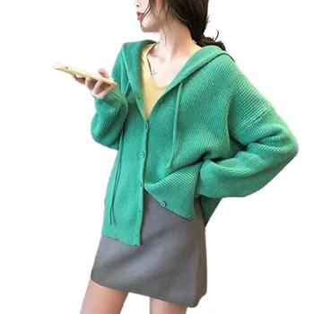 Örgü hırka kadın kapşonlu sonbahar / kış dış giyim kısa dip gömlek gevşek ceket kıyafet yeşil kazak ceket jile femme