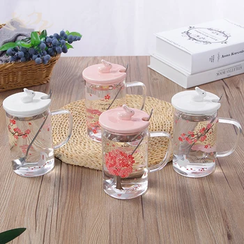Sevimli Yaratıcı Cam kaşıklı kupalar Kapaklı Kiraz Çiçeği Süt Kahve Fincanı Isıya dayanıklı Cam Su Bardağı çiçek çayı Bardak