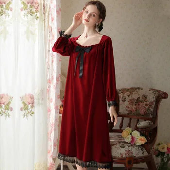 Tatlı Pleuche Kadife gece elbisesi Kadın Sonbahar Kış Sıcak Uzun Kollu Kadife Elbise Vintage Gecelik Pijama Prenses Kıyafeti