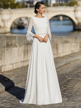 Yarım Kollu Şifon V Geri düğün elbisesi Boho Plaj Zarif Bir Çizgi Artı Boyutu Photoshoot Basit Dantel gelin kıyafeti Custom Made