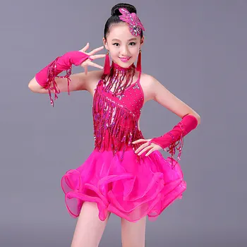 Kız Latin Dans Elbise Çocuklar için Sahne Performansı Yaz Sequins Püsküller çocuk Giysileri Kız Elbise 110-150CM 3 Renk