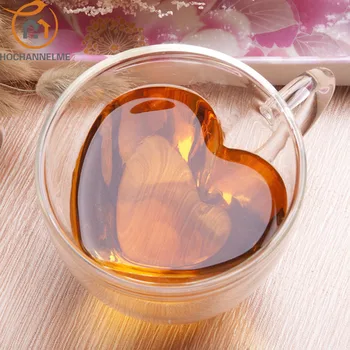 Cam bardak çay kahve fincanları ısıya dayanıklı özgünlük kalp şeklinde uzun borosilikat cam