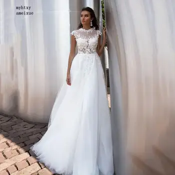 Seksi Boho Boncuk Dantel düğün elbisesi 2021 Kolsuz Dantel Aplikler Vintage Tül gelinlik O Boyun Beyaz Boho Gelin Elbise