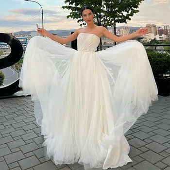 Eightree Beyaz Gelinlik 2022 Straplez Kat Uzunluk gelinlik Seksi A-Line Prenses Tül Düğün gece elbisesi Artı Boyutu