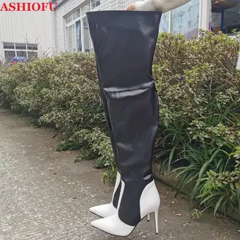 ASHIOFU El Yapımı Kadın Stiletto Yüksek Topuk Çizmeler Parlak Seksi Striptizci Kulübü Uyluk Yüksek Çizmeler Kış Akşam Moda Diz Çizmeler Üzerinde