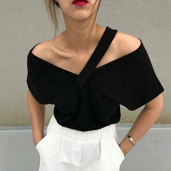 V Yaka İçi Boş Moda kısa kollu tişört Kadın 2020 Yaz Yeni Kore Tarzı Bayan T Shirt Seksi Düz Renk Üstleri U687