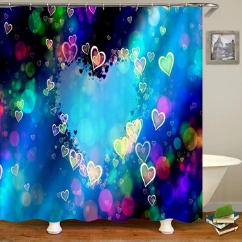 Kalp Şeklinde Fantezi Renkli Baskı Duş Perdesi Su Geçirmez Polyester Kanca ile Banyo Perdeleri Banyo Ev Dekor