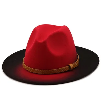 Sıcak Kadın Erkek Yün Vintage Fötr fötr şapka Geniş Ağız Beyefendi Zarif Degrade Renk Bayan Kış Kırmızı Caz Kapaklar