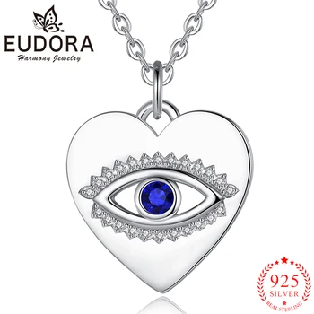Eudora 925 Ayar Gümüş Nazar Kolye Beyaz Mavi Zirkon Kalp Kolye Kadın Kişilik Takı Doğum Günü Partisi Hediye